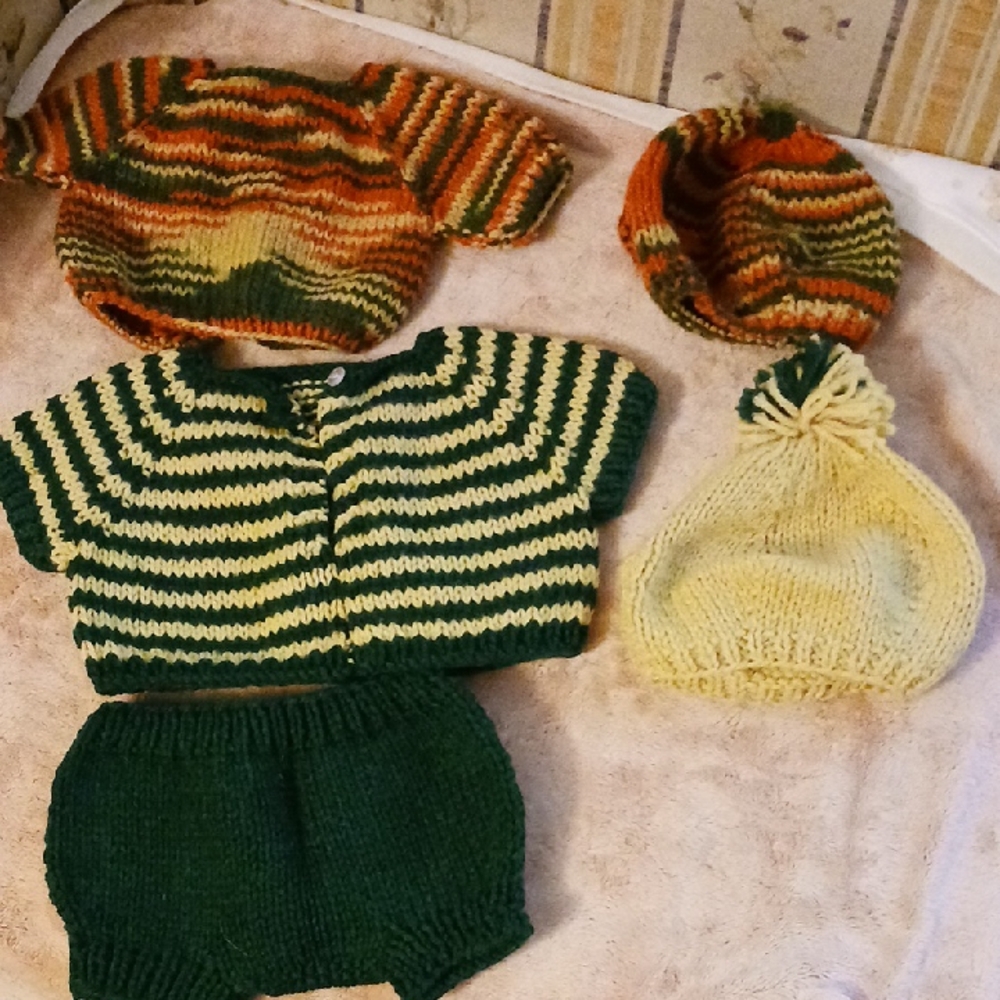 Hand-Knitted Doll Clothes Set - Green, Yellow, and Orange